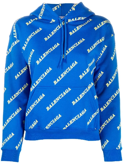 Shop Balenciaga All-over Logo Hoodie In Blue