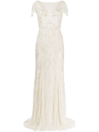 Shop Jenny Packham Sequin-embellished Silk Gown In Neutrals