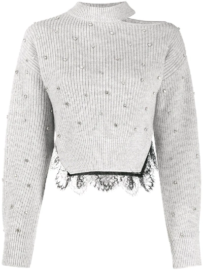 Shop Self-portrait Lace-hem Crystal Sweater In Grey
