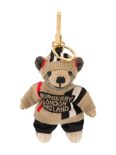 Shop Burberry Teddy Bear Keyring In Neutrals