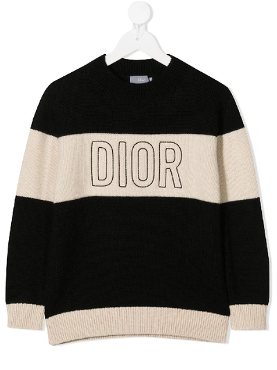 Shop Baby Dior Logo Embroidered Striped Jumper In Neutrals