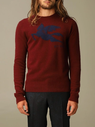 Shop Etro Wool Sweater With Jacquard Pegasus In Burgundy