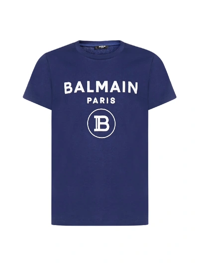 Shop Balmain Logo Cotton T-shirt In Bleu Profond