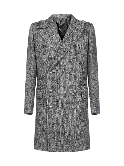 Shop Balmain Chevron Wool-blend Double Breasted Coat In Gris