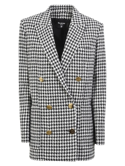 Shop Balmain Mid-length Double-breasted Blazer In Black/white