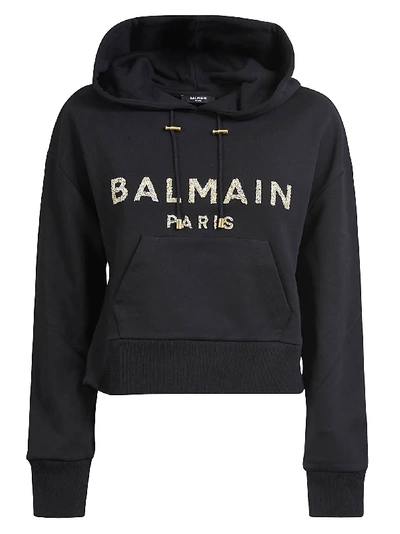 Shop Balmain Embellished Logo Hoodie In Black/gold