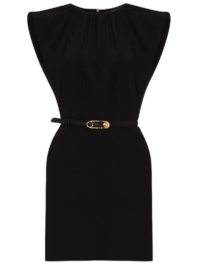 Shop Versace Belted Silk Mini Dress In Black
