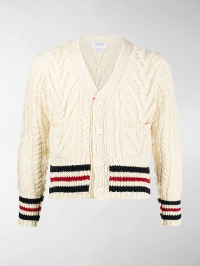 Shop Thom Browne Stripe-trim Cable-knit Cardigan In White