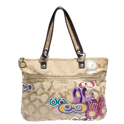 Pre-owned Coach Beige/purple Canvas And Patent Leather Poppy Tote