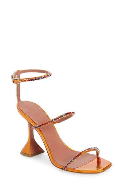 Shop Amina Muaddi Gilda Sunset Rainbow Ankle Strap Sandal In Orange/ Crystal