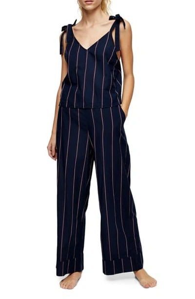 Shop Topshop Stripe Wide Leg Pajama Pants In Navy Multi