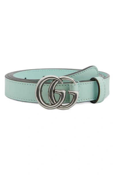 Shop Gucci Gg Buckle Skinny Leather Belt In Porcelain Light Blue/ Silver