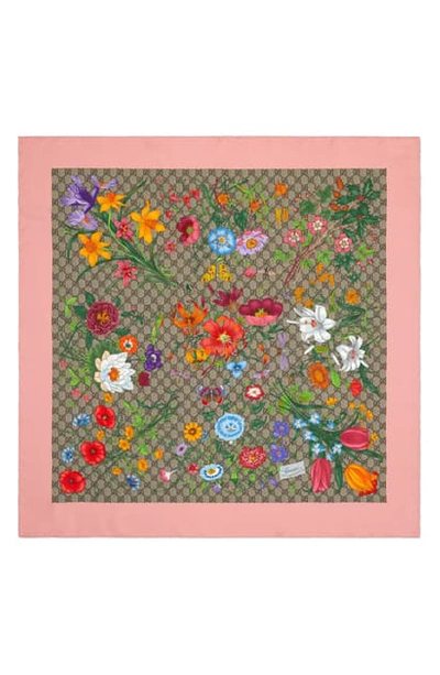 Shop Gucci Gg Flora Print Silk Twill Scarf In Beige/ Pink