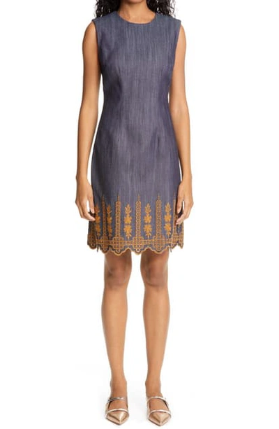 Shop Adam Lippes Broderie Anglaise Hem Stretch Cotton Sheath Dress In Indigo / Gold