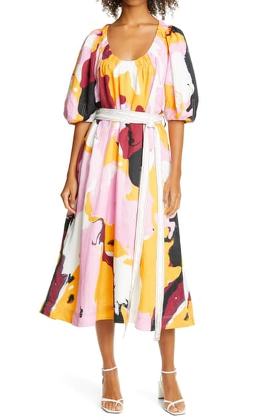 Shop Aje Psychedelia Puff Sleeve Linen & Cupro Dress In Acid