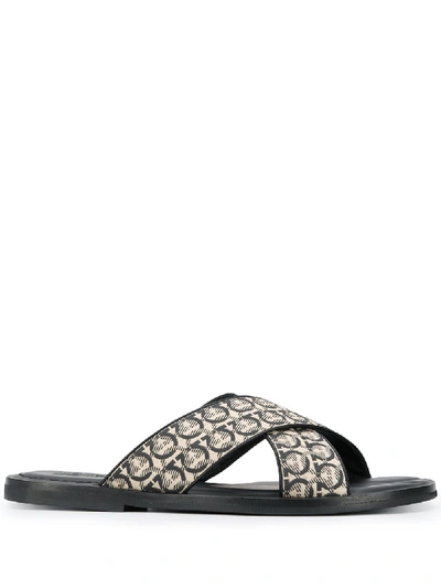 Ferragamo Men's Sion 3 Gancio-print Slides In Beige