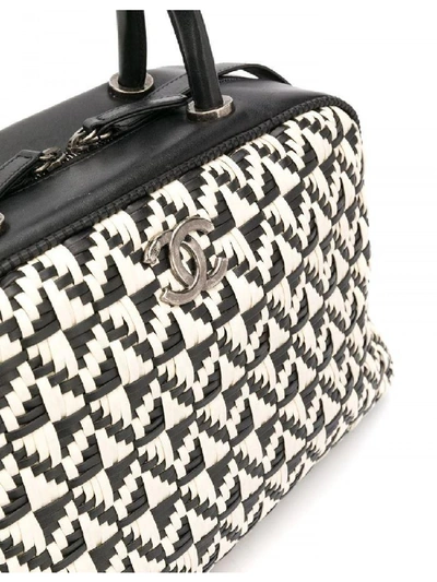 Pre-owned Chanel Calfskin Woven Bowling Bag In Black