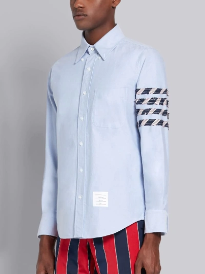 Shop Thom Browne Light Blue Cotton Oxford Long Sleeve Silk Stripe 4-bar Shirt