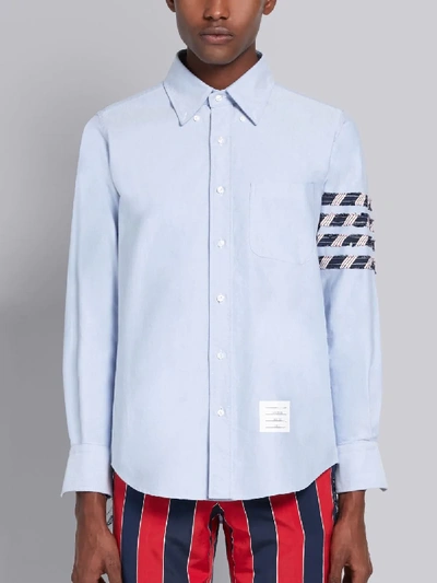 Shop Thom Browne Light Blue Cotton Oxford Long Sleeve Silk Stripe 4-bar Shirt