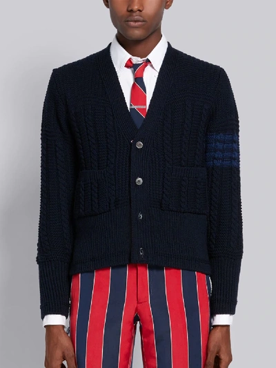 Shop Thom Browne Navy Fine Merino Wool Aran Cable V-neck 4-bar Cardigan In Blue