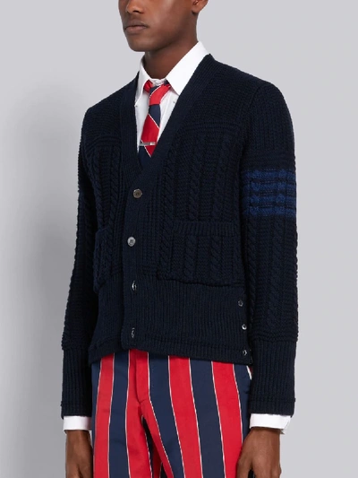 Shop Thom Browne Navy Fine Merino Wool Aran Cable V-neck 4-bar Cardigan In Blue