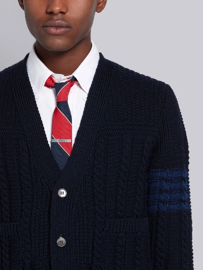 Shop Thom Browne Navy Fine Merino Wool Aran Cable V-neck 4-bar Cardigan In Blue