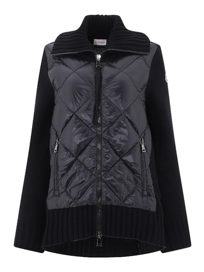 Shop Moncler Padded Front Wool Cardigan In Black