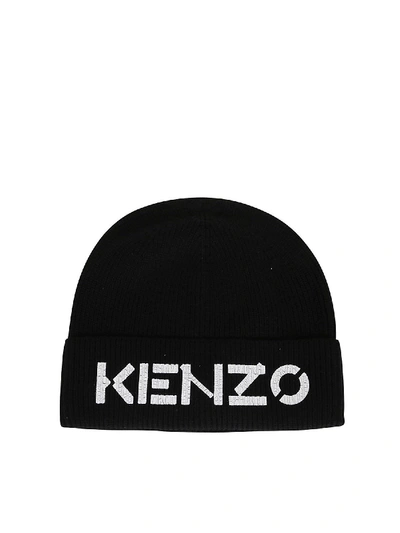 Shop Kenzo Crackled Logo Wool Beanie In Black