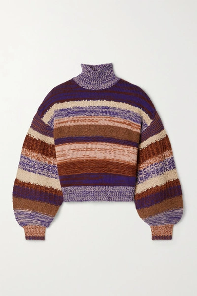 Shop Ulla Johnson Shakina Cropped Striped Wool-blend Turtleneck Sweater In Brown
