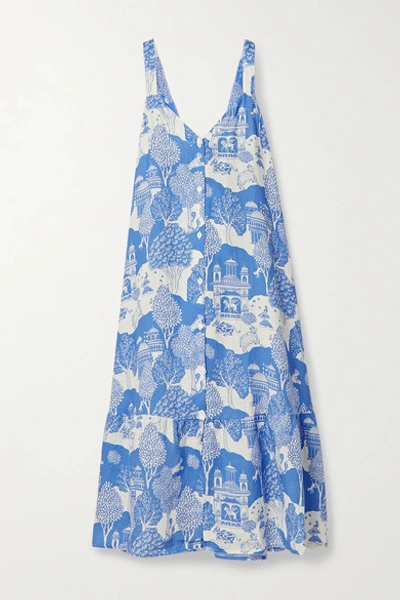 Shop Desmond & Dempsey India Printed Linen Nightdress In Blue
