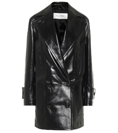 Shop Valentino Double-breasted Leather Coat In Black
