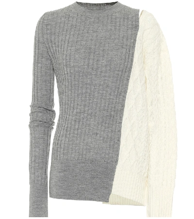 Shop Sacai Ribbed And Cable-knit Wool Sweater In Grey