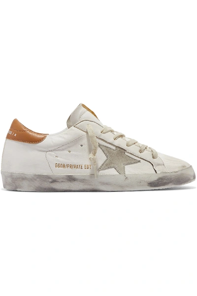 Shop Golden Goose Superstar Distressed Suede-trimmed Leather Sneakers In White