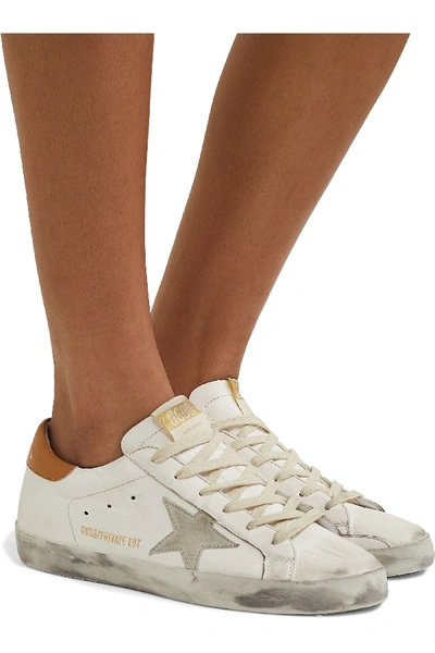 Shop Golden Goose Superstar Distressed Suede-trimmed Leather Sneakers In White
