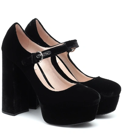 Shop Miu Miu Velvet Mary Jane Platform Pumps In Black