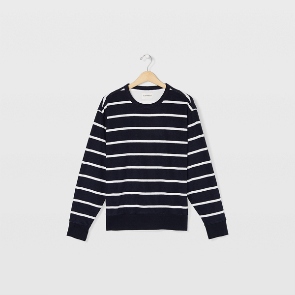 navy and white striped sweatshirt