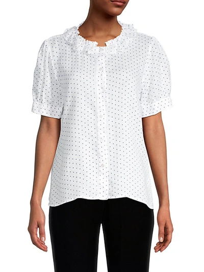 Shop Stateside Madison Puff-sleeve Linen Blouse In White Dot