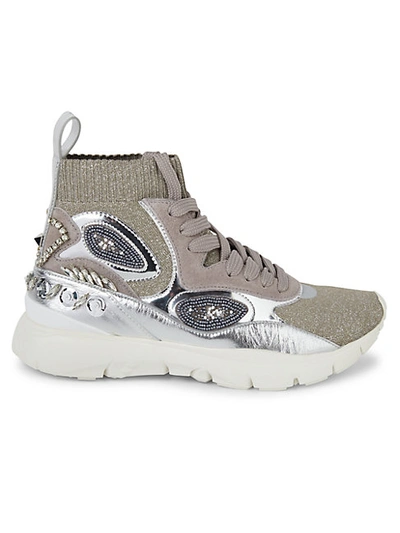 Shop Valentino Women's Mixed Media High-top Sneakers In Silver Grey