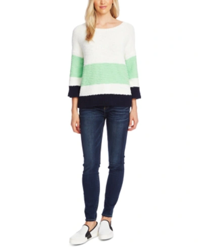 Shop Vince Camuto Striped Elbow-sleeve Teddy Bear Sweater In Pistachio