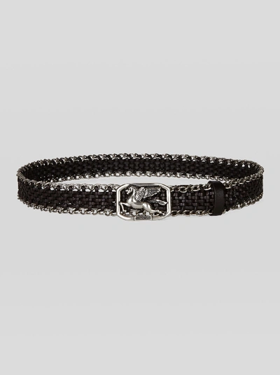 Shop Etro Woven Leather Belt With Chains In Brown