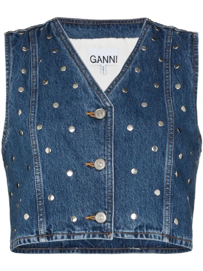 Shop Ganni Studded Denim Vest In Blue