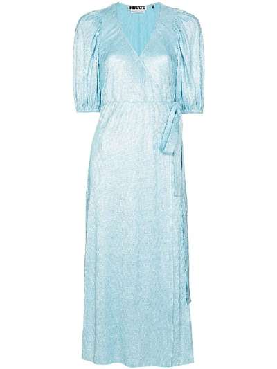 Shop Rotate Birger Christensen Frida Metallic Wrap Dress In Blue
