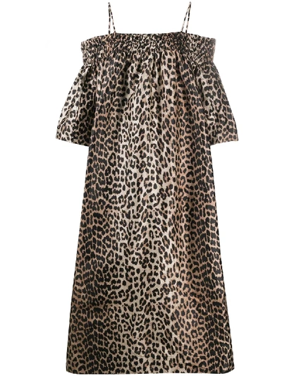 Shop Ganni Leopard-print Off-shoulder Dress In Brown