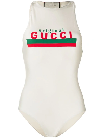 Shop Gucci Logo Print Swimsuit In Neutrals