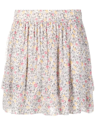 Shop Ganni Floral-print Tiered Skirt In Neutrals