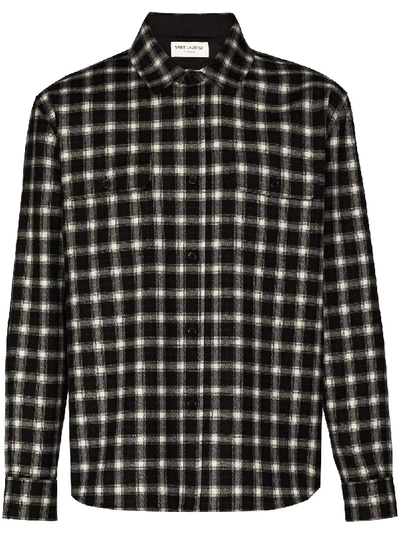 Shop Saint Laurent Long Sleeve Checked Overshirt In Black