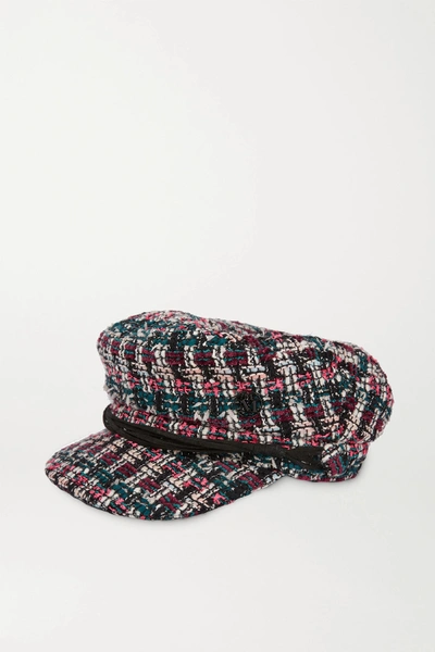 Shop Maison Michel New Abby Leather-trimmed Metallic Bouclé-tweed Cap In Pink