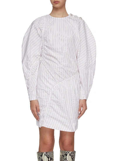 Shop Ganni Stripe Panelled Long Puff Sleeve Cotton Mini Dress In White
