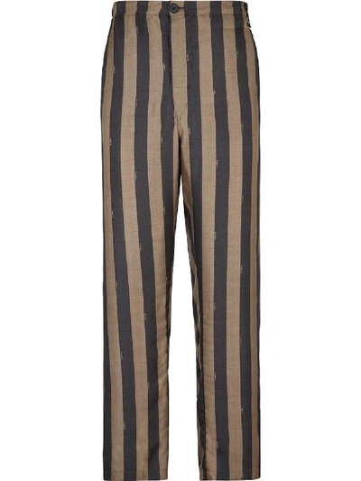 Shop Fendi Stripe Print Silk Trousers In Brown