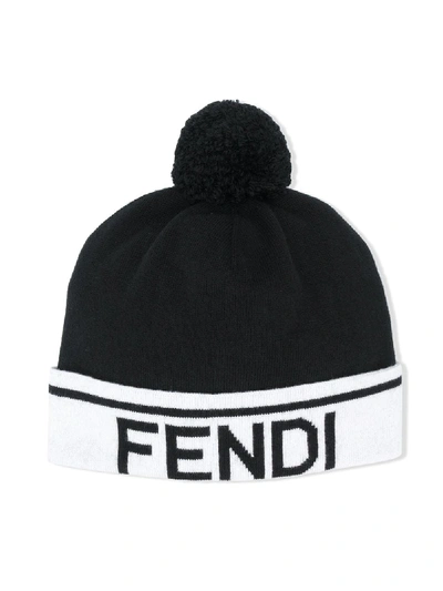 Fendi Logo-jacquard Pompom Beanie In Black